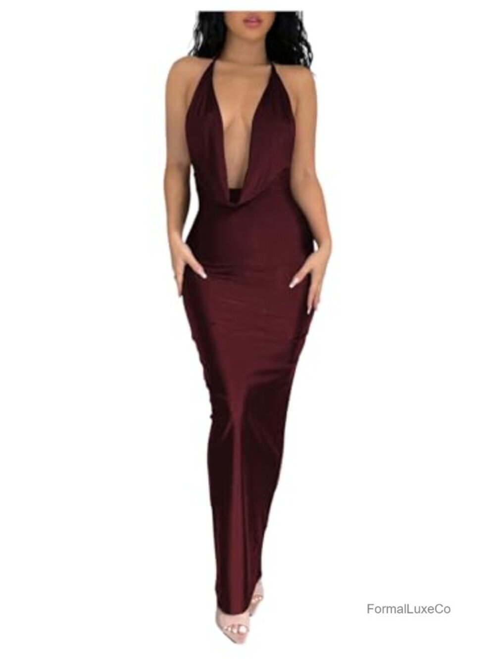 Halter Tie Backless Bodycon Maxi Dress with Cowl Neck, Formal - Picture 1 of 2